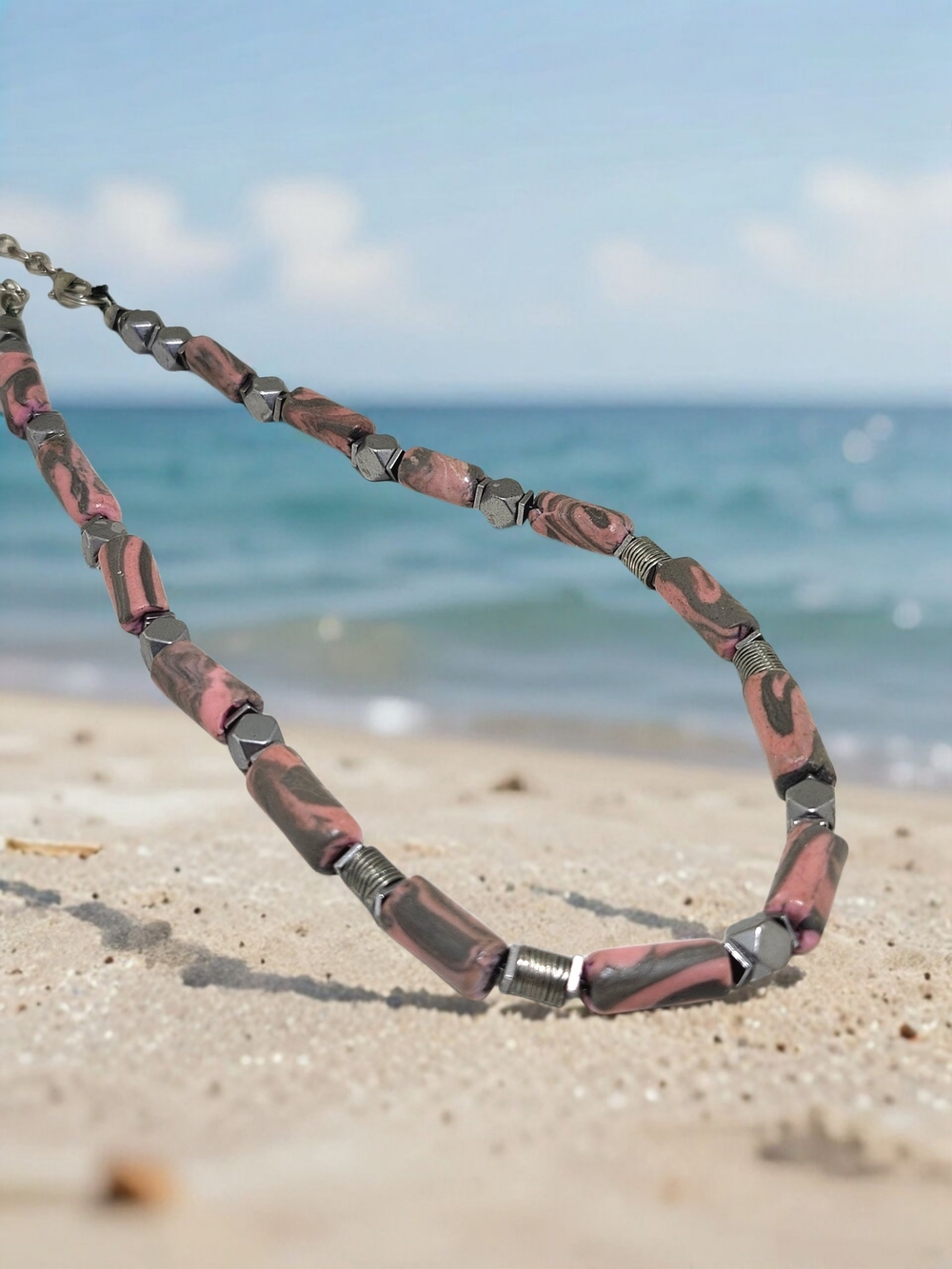 Handcrafted Pink and Grey Polymer Clay Beaded Necklace